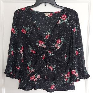 🌺 Lily White High Low Cinch Front Black Floral Blouse Size L